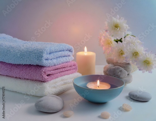 A tranquil spa corner where a gently scented candle burns beside a stack of fluffy towels  a bowl of floating flowers  and smooth pebbles  creating a sanctuary for relaxation.