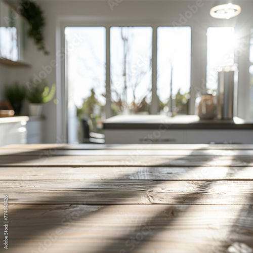 empty wood table with blurred modern interior kitchen  window with sunny mood.