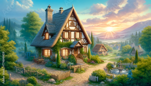 Illustrate a charming and picturesque village house set against an idyllic background. The house should exude a sense of warmth and coziness photo