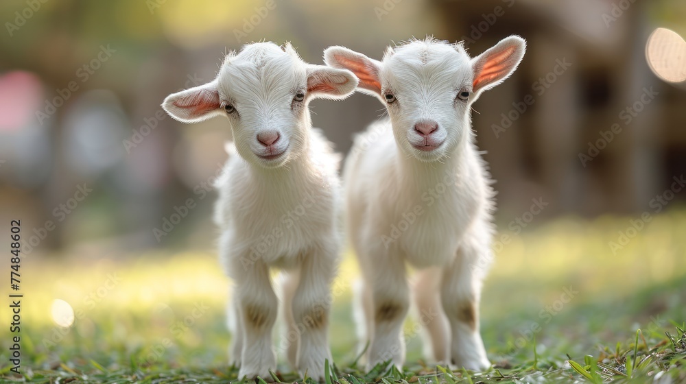 Two cute little baby goats playing on a green grass field Two cute little baby goats playing on a green grass field