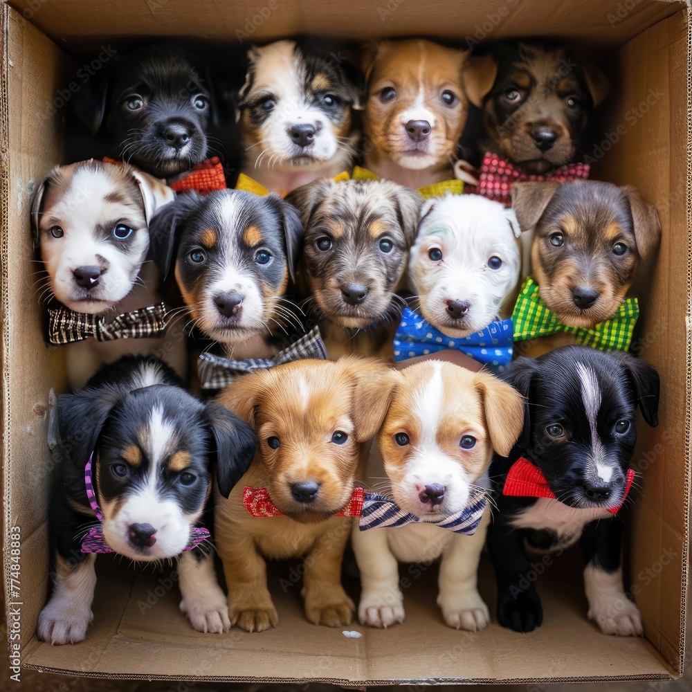 Box of mixed breed puppies wearing colorful bow ties looking up with hopeful eyes