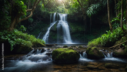 A cascading waterfall hidden deep within a lush jungle.