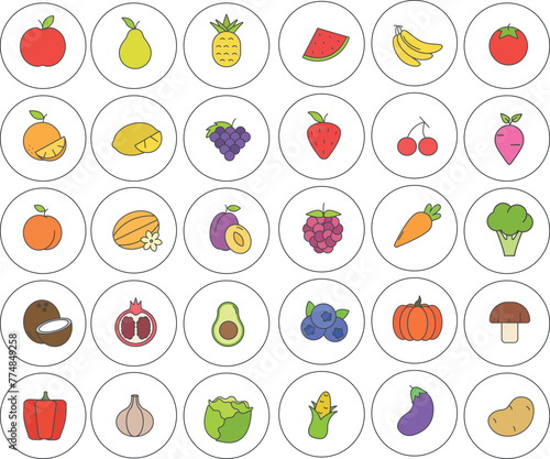 Set of icons in circular vegetables and fruits illustration