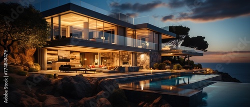 Modern villa with terrace, pool and ocean view. Modern villa by the ocean. Luxurious house in sunset © Danyilo