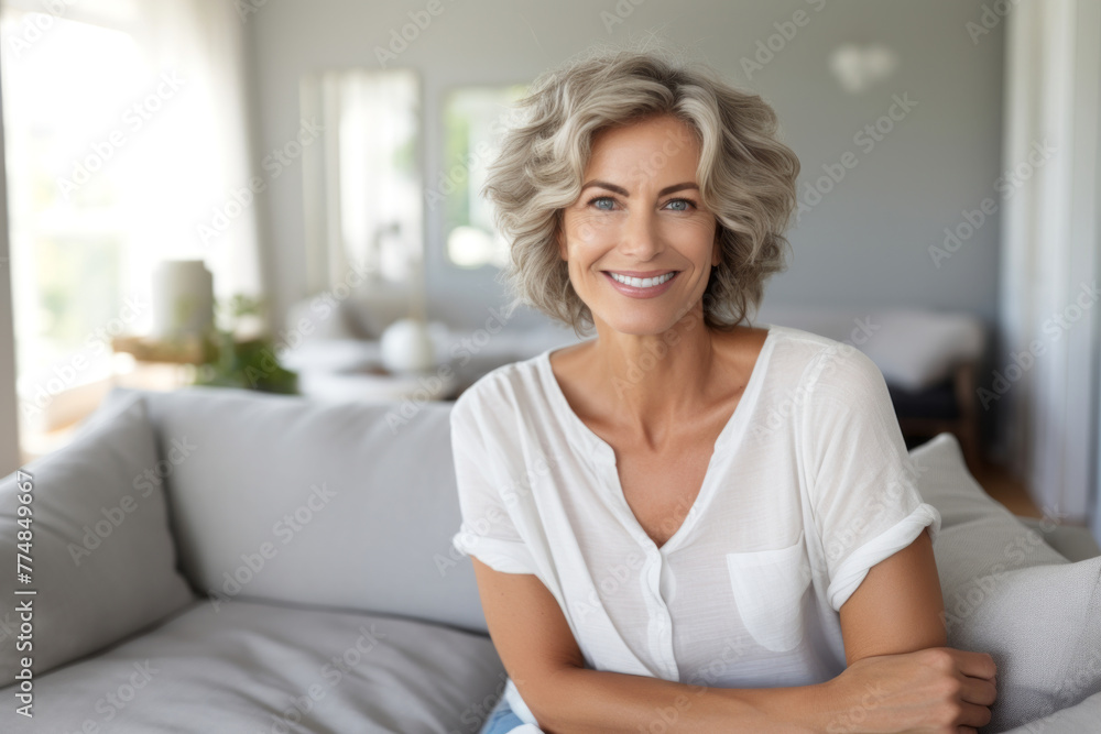 Smiling middle aged woman sitting on sofa at home facing camera with space for text or subtitles
Smiling middle aged woman sitting on sofa at home facing camera with space for text or subtitles