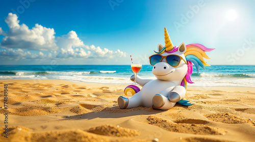 une licorne style 3D allongée sur une plage avec un cocktail pour les vacances © Fox_Dsign