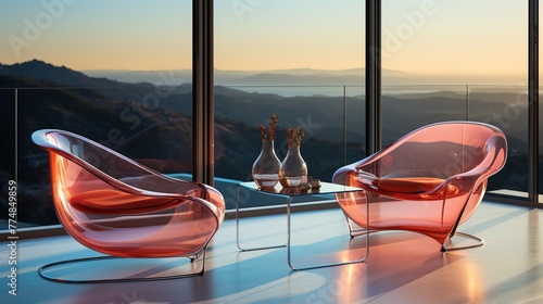 Glass chairs and table in luxurious interior. Luxurious chairs near big windows with ocean view.