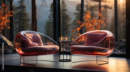 Luxurious interior with a forest view. Modern chairs with a landscape view. Luxurious glass chairs.
