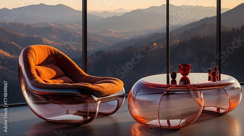 Luxurious interior with mountain view. Two glass chairs in modern room. Nice interior with windows.