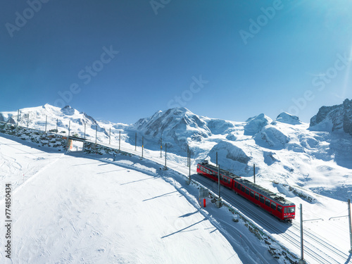 Famous Matterhorn peak with Gornergrat train in Zermatt area, Switzerland