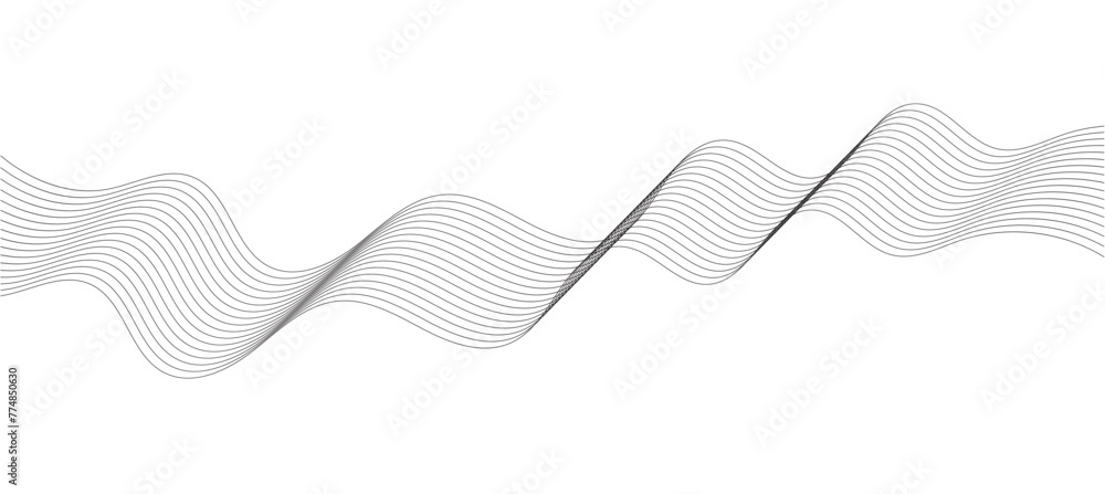 Grey Wave lines, frequency wave, twisted curve lines with blend effect. Technology, data science, geometric border. Isolated on white background. Vector illustration in eps 10.