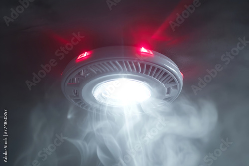 Smoke detector glowing red. Building fire alarm
