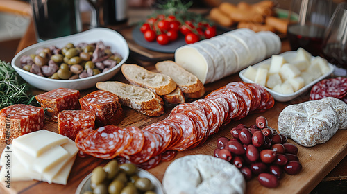 Antipasto table with salami, cheese, olives and bread