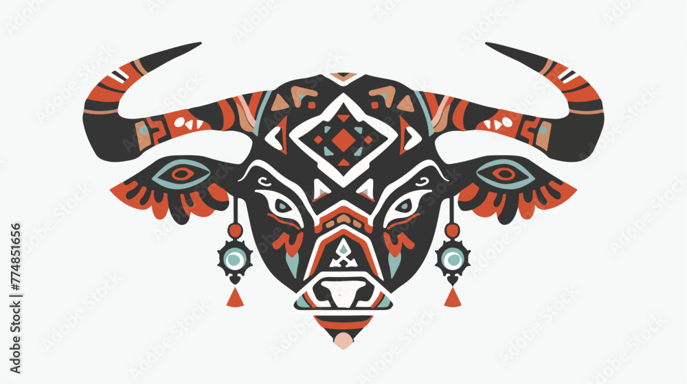 Bull head decorated in flat tribal style flat vector isolated