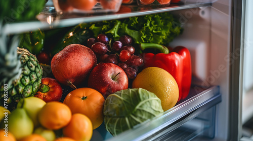 Fresh fruits and vegetables on the shelf in the refrigerator, healthy food, bio, vegetarian, dietary. A selective approach. A fridge full of fruits and vegetables. An open fridge full of vegan food