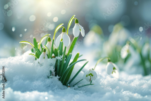 Snowdrops close up on a snow background with space for text or inscriptions, theme of the coming spring
