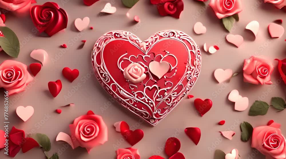 Romantic scene with red and pink roses surrounding a heart-shaped cake topped with two small pink roses. Elegant details on the cake complemented by a soft pink background. Ideal for Valentines Day, r Romantic scene with red and pink roses surrounding a heart-shaped cake topped with two small pink roses. Elegant details on the cake complemented by a soft pink background. Ideal for Valentines Day, r