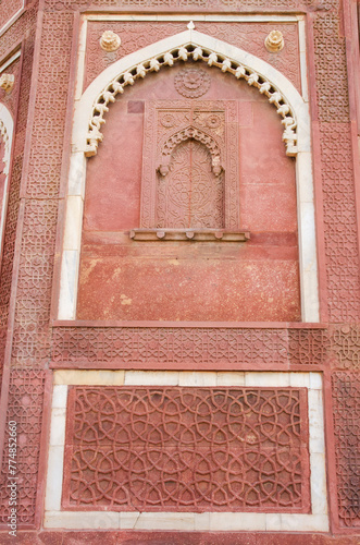 Red sandstone medieval architecture  structure with intricate carving  Red Fort  Agra  Uttar Pradesh  India.