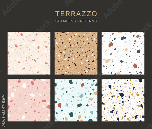Terrazzo texture. Vector seamless pattern set of classic italian floor terrazzo, natural stone, quartz, marble, granite in Venetian style. Modern minimalist floor tile for interior design