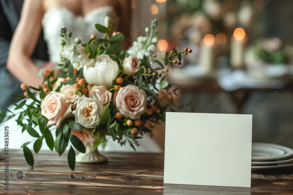 Obraz premium Wedding newlyweds and table decorated with a vase with bright flowers, mockup for a greeting card or holiday gift