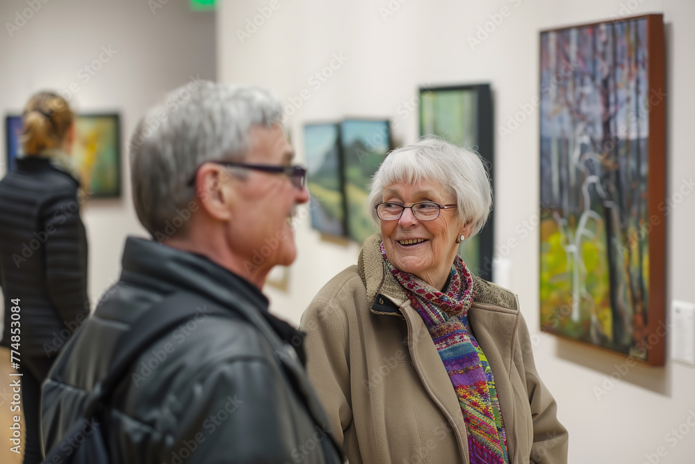 Seniors attending a local art exhibit, discussing their favorite pieces and artists Seniors attending a local art exhibit, discussing their favorite pieces and artists