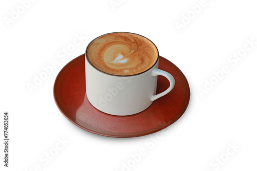 Latte art fresh coffee in the white cup with saucer. Isolated on white background with clipping path selection. Hot drink concept.