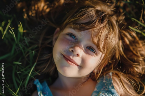 Portrait of a beautiful little girl lying on the grass and smiling