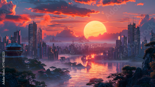 A futuristic cityscape at sunset  blending neon and nature in 3D render