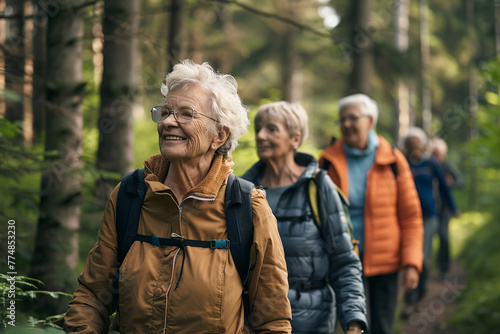 Active Seniors Forge Camaraderie on a Nature Hike Through the Forest