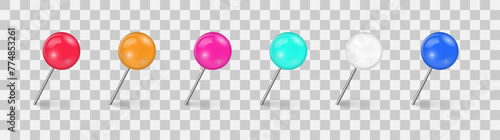 Sewing needle or plastic push pins tacks for paper notice. Set of colorful push pin tack in different foreshortening isolated on transparent background. Realistic thumbtacks. Vector illustration.