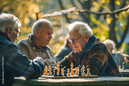 Elderly Friends Craft Strategic Bonds Over Chess in a Sunny Park