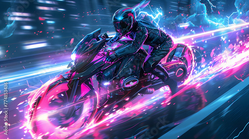 Motorcycle riding racer Neon Nymph with a device that allows for teleportation as a commute option