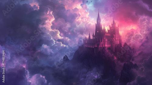 Pastel goth castle floating among the clouds