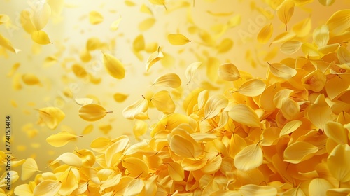 Yellow petals with wind effect falling on light yellow background, spring background concept.