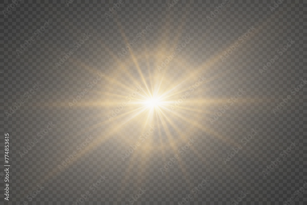 Star light effect. An explosion of rays with a glare on a transparent background.
