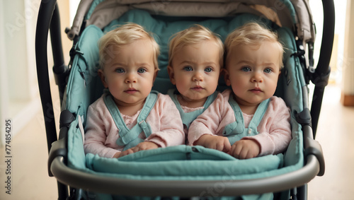 Three triplet girls in a stroller