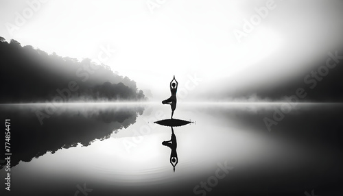 A monochrome and minimalist landscape photograph that captures the essence of tranquility and balance. The scene features a Yoga practitioner #774854471
