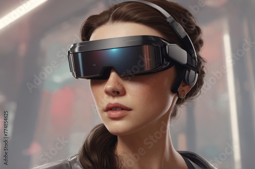 Portrait of woman wearing virtual reality headset goggles in metaverse © Dreamworldscape