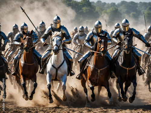 Epic battlefield reenectment: Medieval knights charge into battle with determination, battle of medieval knights soldiers. Generative AI
