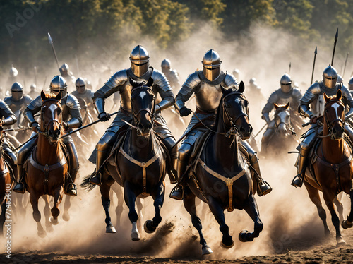 Epic battlefield reenectment: Medieval knights charge into battle with determination, battle of medieval knights soldiers. Generative AI © Qun