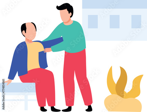 The boy is helping the old man to dress.