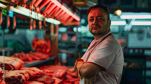 A butcher standing in his meat shop.