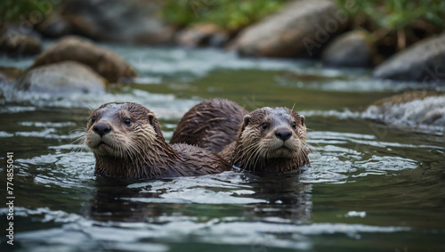 A family of otters playing in a clear mountain stream. © xKas