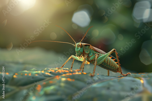 Green grasshopper on a leaf close up with bokeh background with space for text or inscriptions
 photo