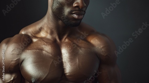 A shirtless man with a muscular torso shows off his defined abs