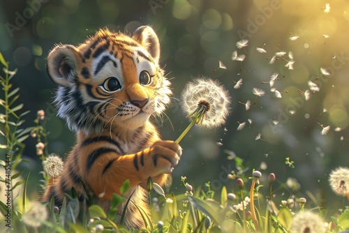 A playful tiger cub explores a grassy garden  its black stripes contrasting against the green