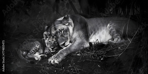 Lioness and cub resting in the grass
Leoa e filhote descansando na grama photo