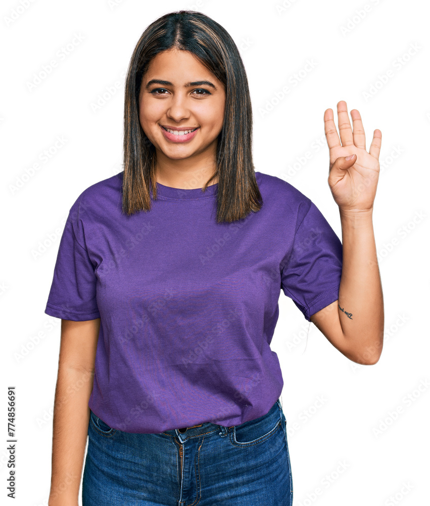 Young hispanic girl wearing casual purple t shirt showing and pointing up with fingers number four while smiling confident and happy. Young hispanic girl wearing casual purple t shirt showing and pointing up with fingers number four while smiling confident and happy.