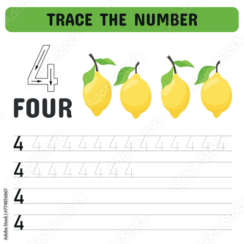 Cards for learning the number 4 with fruits. Cards for kindergarten with numbers, learning and writing numbers. Educational children's game, printable sheet. Vector illustration