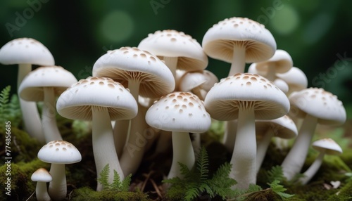 Group of White Mushrooms on Forest Floor